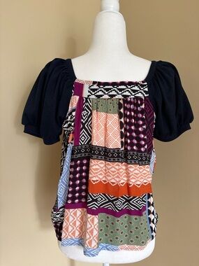 Anthropologie Patchwork Square-Neck Puff Sleeve Top - Black & Multicolor